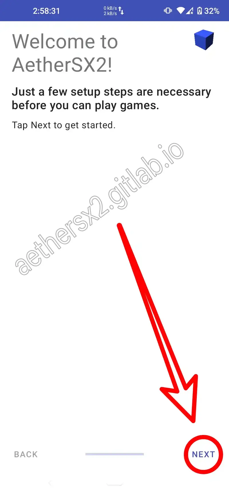 AetherSX2 welcome screen.