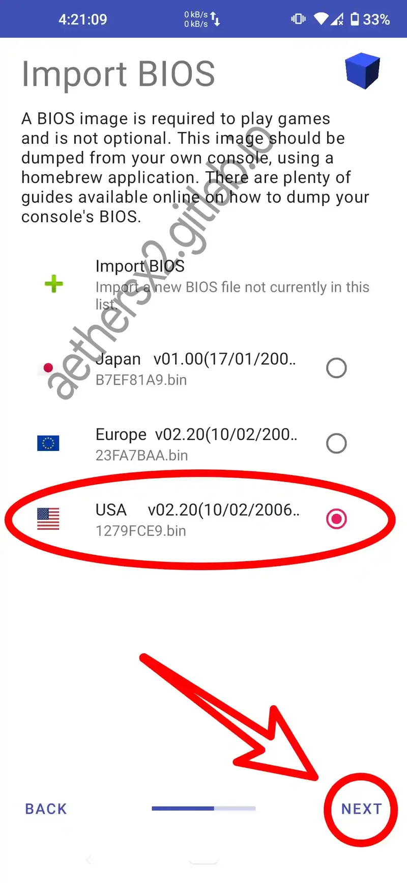 AetherSX2 BIOS selection.