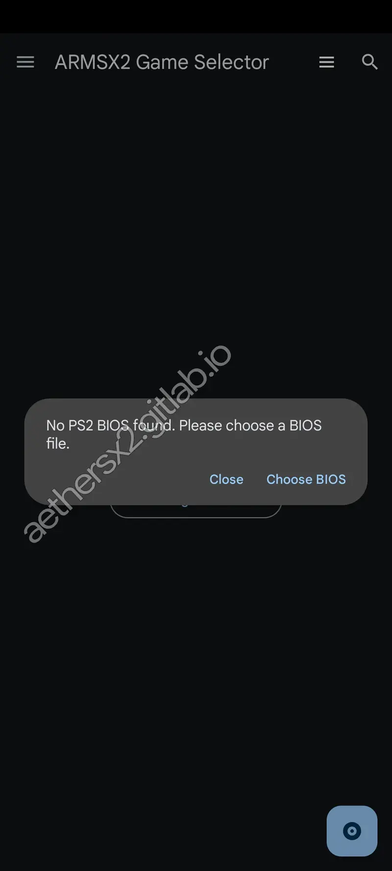ArmSX2 prompt to choose a BIOS file.