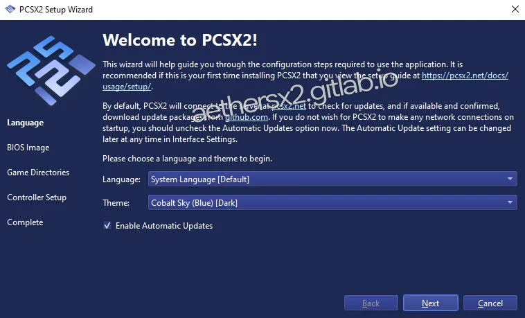 PCSX2 first-time setup wizard.