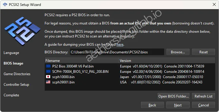 PCSX2 BIOS configuration screen.