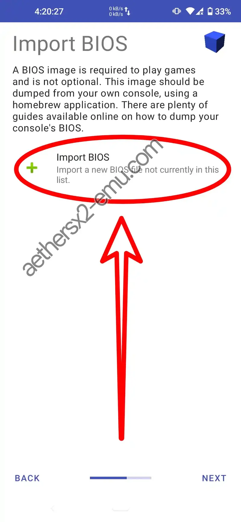 Step 4 Page to import bios in AetherSX2
